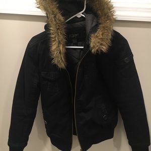 Fox bomber jacket size M with faux fur lined hood